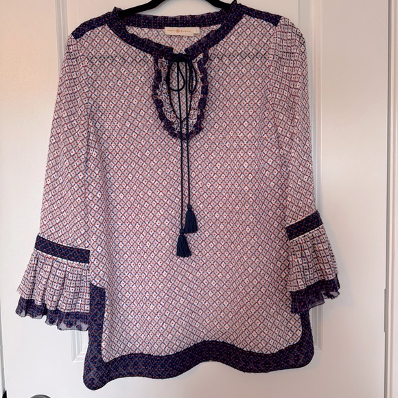 Tory Burch Women's Gwenna Silk Blend Size 2 Blouse with Tassel Tie - Picture 1 of 6